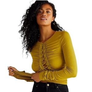 Free People Bella Lace Up Ruched Top Mustard Yellow Stretch Baddie Edgy Sexy XL